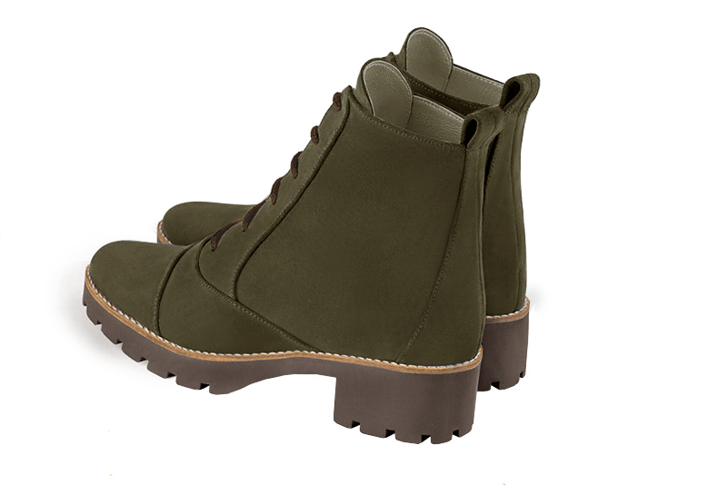 Khaki green women's ankle boots with laces at the front. Round toe. Low rubber soles. Rear view - Florence KOOIJMAN